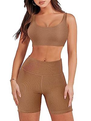 Workout Sets for Women 2 Piece Seamless Ribbed Crop Tank High