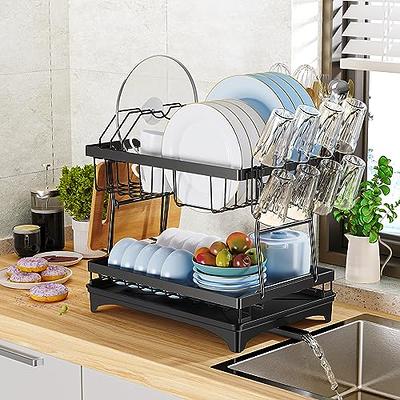 PKBD Rustproof Stainless Steel Dish Drying Rack,2 Tier Large Dish Rack for  Kitchen Counter,Dish Rack with Drainboard,Utensil Holder & Cup Holder,Black