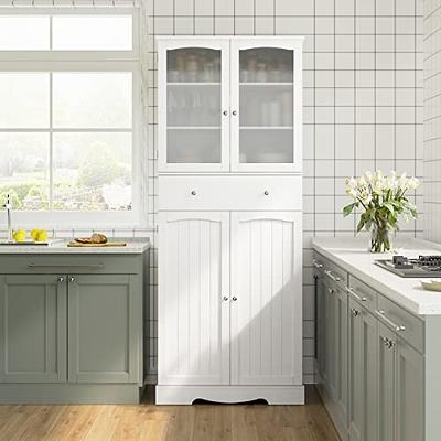 White Food Storage Kitchen Pantry with Glass Doors