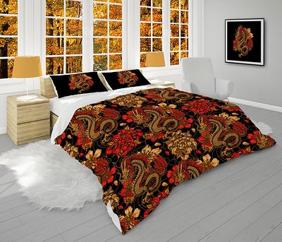 Dark Comforter With Dragon, Bedding Set in Black & Red Oriental