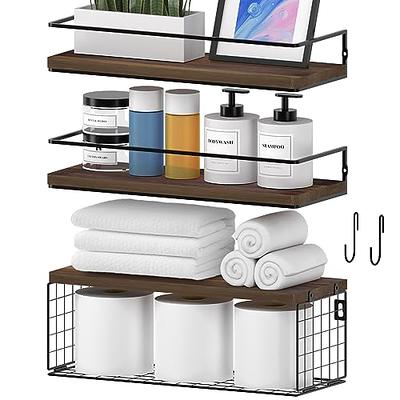 Wall Floating Shelves 2 Pack, No Drill Adhesive Mount, Black Metal Hanging Shelf, Storage Bookshelf Rack for Bathroom, Bedroom, Kitchen, Laundry