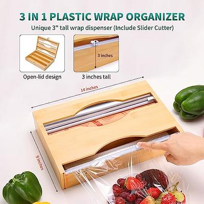 9 in 1 Bamboo Ziplock Bag Organizer, Foil & Plastic Wrap Dispenser with Cutter for Kitchen Drawer, Ziplock Bag Storage Organizer, Compatible with