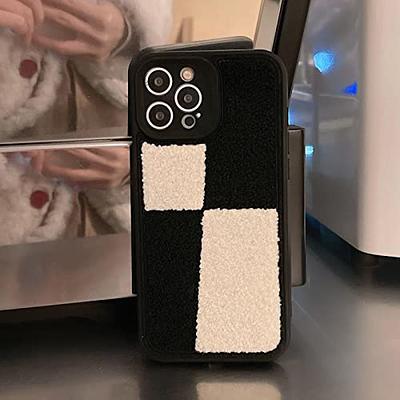  Furry Black White Phone Case Compatible with iPhone 13 Pro 6.1  inch 2021 Checkered Girly Classic Retro Chic Slim Soft Bumper +Terry velvet  Fluffy Material Protective Cover (Black White Checkers) 