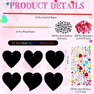 42 Pieces Valentines Craft for Kid Rainbow Heart Scratch Valentine DIY Art,  Kids Class Scratch Paper Card Heart Cutouts with Scratch Tool Ropes Pom Poms  Eyes Gem Stickers for Party Reward 