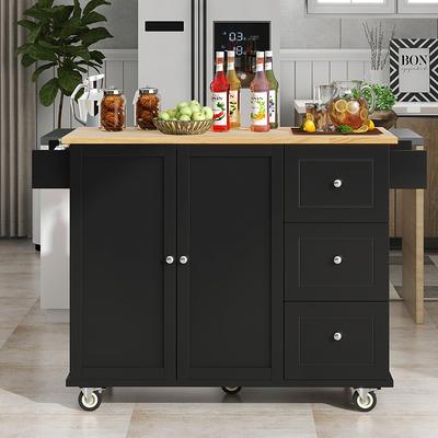 HwoamneT White Kitchen Island with Solid Wood Top Locking Wheels