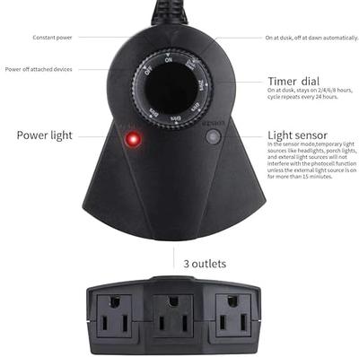 BN-LINK Outdoor Timer with Photocell Light Sensor Waterproof Outdoor 24 Hour Countdown Timer(2, 4, 6 or 8 Hours Mode), 3 Grounded Outlets for Home
