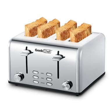 Toaster 4 Slice, Geek Chef Stainless Steel Extra-Wide Slot Toaster with Dual Control Panels of Bagel/Defrost/Cancel functi.