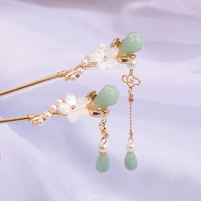 Chinese Style Metal Rhinestone Hair Chopsticks With Tassel, Pearl