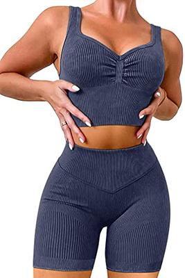 Women's Yoga Outfits, Workout Outfit 2 Pieces, Seamless High Waist Ribbed  Sport Bra Gym Leggings Clothes Set (S, Blue)