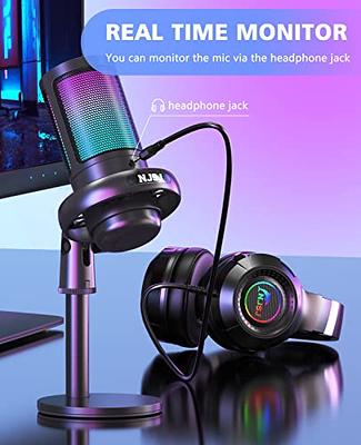 NJSJ USB Microphone for PC, Gaming Mic for PS4/ PS5/ Mac/Phone,Condenser  Microphone with Touch Mute, RGB Lighting,Gain knob & Monitoring Jack for