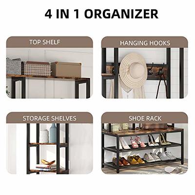 Coat Rack, Hall tree, Shoe Bench, 5-in-1 Shoe Rack for Entryway, 3 storage  shelves, 8 Hooks Removable,Industrial Accent Furniture with Steel Frame,  Multifunctional Hallway Organizer