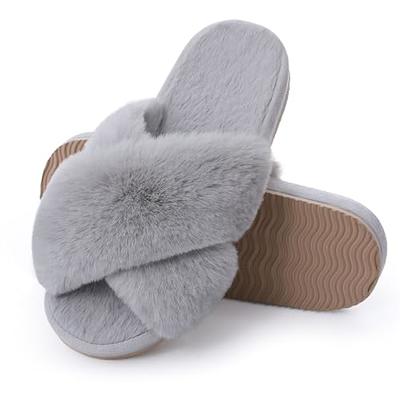  FamilyFairy Women's Fluffy Faux Fur Slippers Comfy Open Toe  Two Band Slides with Fleece Lining and Rubber Sole | Slippers