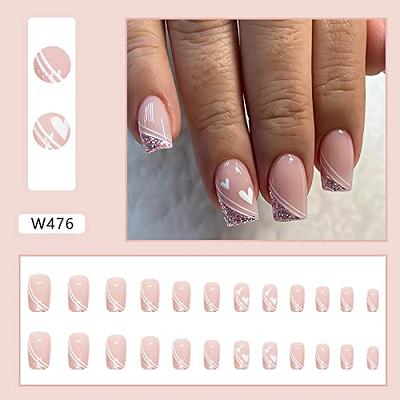 24pcs Square Short False Nail French Glitter Lines Press on Nails