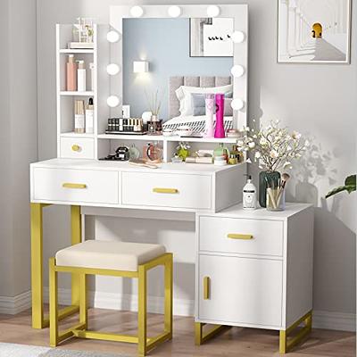Brun Eastern Ødelægge PAKASEPT Makeup Desk with Mirror and Lights, Desk and Chair, Vanity Table  Set with Cushioned Stool, Shelves & Drawers, Storage Cabinet for Bedroom,  White - Yahoo Shopping