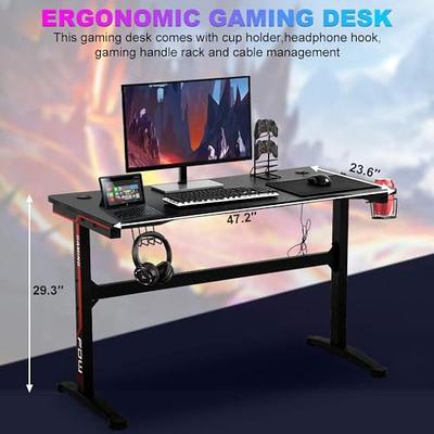 HLDIRECT 47 Inch Gaming Desk with LED Lights Carbon Fibre Surface Gaming  Table Large Computer Desk Ergonomic Home Office Desks Z Shaped PC Gamer