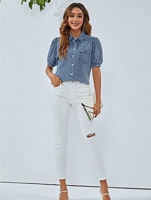 Womens Denim Shirts Roll-Up Cuffed Short Sleeve Tunic Shirt V Neck Button  Down Jean Blouse Top Summer Cotton Casual Work Tops Clearance Cheap Deals  Blue at Amazon Women's Clothing store
