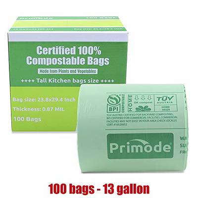 Primode 100% Compostable Bags 13 Gallon, Tall Kitchen Biodegradable Trash  Bags, 100 Count, Extra Thick 0.87 Mil. ASTMD6400 Food Scrap Yard Waste