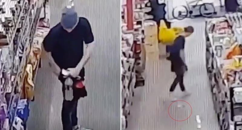 Stills from the security vision of the attempted shoplifter trying to hide hot pasta down his pants.