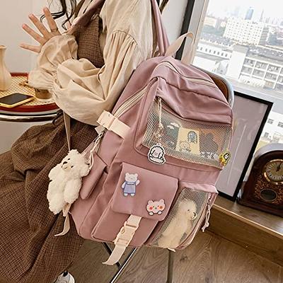 Fashion Kawaii Canvas Messenger Bag With Pin And Cartoon Pendant Cute Girl  Aesthetic Backpack Student School Bag (white)