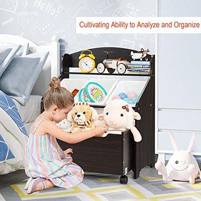 Costway Kids Wooden Toy Storage Unit Organizer w/Rolling Toy Box & Plastic  Bins Espresso