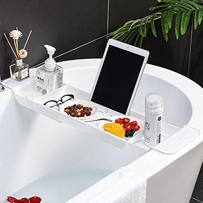 Bamboo Bathtub Tray Bath Tub Caddy with Expandable Handles Wine Glass Phone  Holder Book Stand for Bathroom White