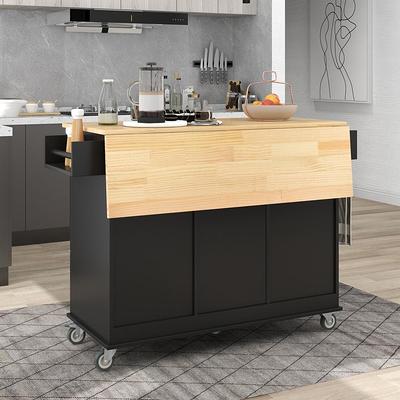 White Foldable Rubber Wood Drop-Leaf Countertop 53.1 in. W Kitchen Island on Wheels with Storage Cabinet