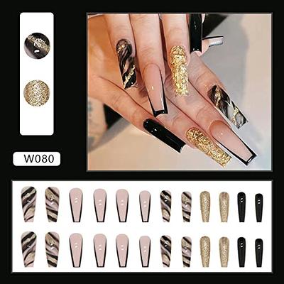 24Pcs Press on Nails Medium, Gold Foil Black Acrylic Nails Full Cover  Almond Shaped False Nails with Designs Glossy Glue on Nails Gold Glitters  Mable