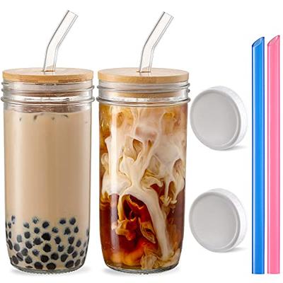 PINK Cute Glass Mason Jar Boba Cup with Bamboo Lid and Eco Straw-Buddha  Bubbles Boba Inc.