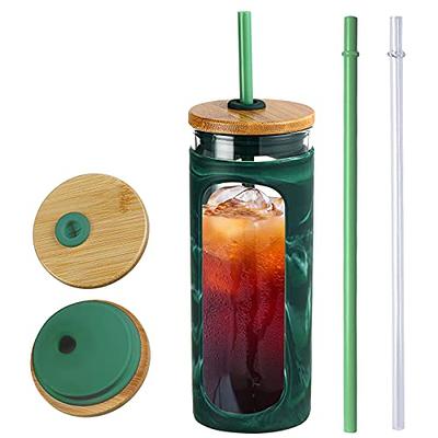 Kodrine 24 oz Glass Water Bottle with Bamboo Lid and Straw, Wide Mouth  Water Tumbler,Straw Silicone Protective Sleeve BPA FREE-Black 