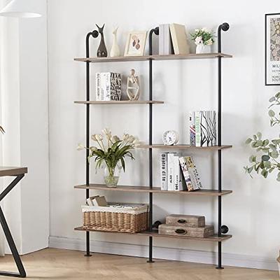 HOMBAZAAR Industrial Bookshelf, 6-Tier Industrial Pipe Bookshelf, Wall  Mounted Ladder Shelves with Metal Frame for Home Office, Living Room, Oak  Brown