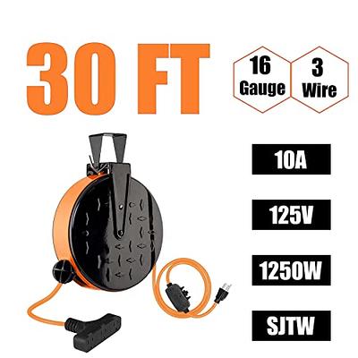 30Ft Retractable Extension Cord Reel Ceiling/Wall Mount 16/3 Gauge Power  Cord