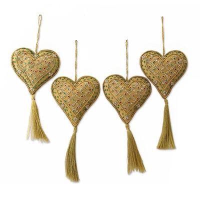 Four Heart-Shaped Beaded Ornaments in Green from India - Green Hearts