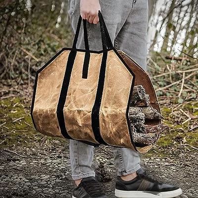 Firewood Carrier Bag, Waxed Canvas Log Carrier Bag for Indoor and Outdoor,  Fireplace Wood Stove Accessories