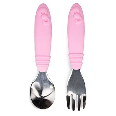 HIWOOD Baby Self Feeding Training Spoon and Fork Set with Travel Case,  BPA-Free Cute Circle Toddler Training Utensils, Silicone/ABS Great  Tableware