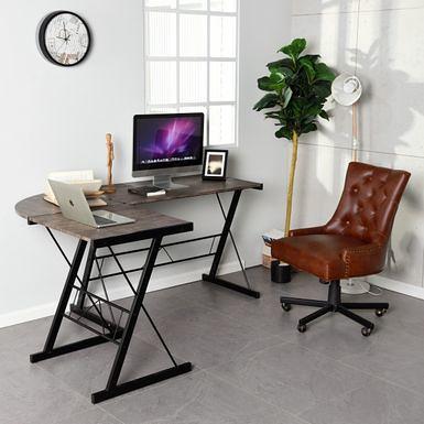 The Stacy II Barnwood Corner Desk, Natural Finish With Three Drawers,  Cabinet, And Modesty Panels