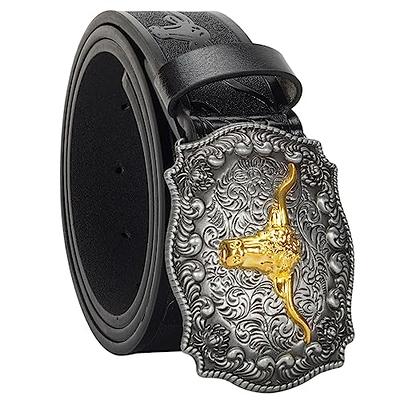 XuoAz Western Cowboy Belt for Men Women - Floral Engraved PU Leather  Longhorn Bull Buckle Belts (for 25 to 38 Waist) at  Men's Clothing  store