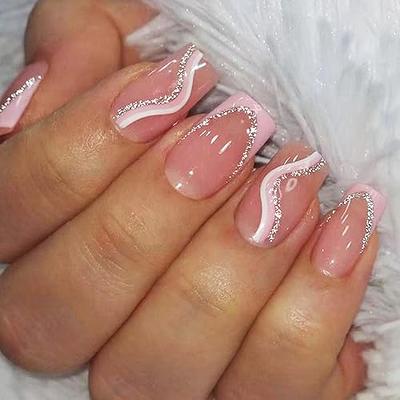 24Pcs Pink French Tip Press on Nails Medium Square Fake Nails Press on -  Pink White Ripple