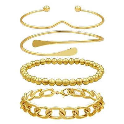 Pymach Dainty Gold Pearl Crystal Beaded Bracelets Set for Women 14K Real  Gold Plated Bead Pearl Crystal Beads Bracelet Stake Paperclip Link Chain