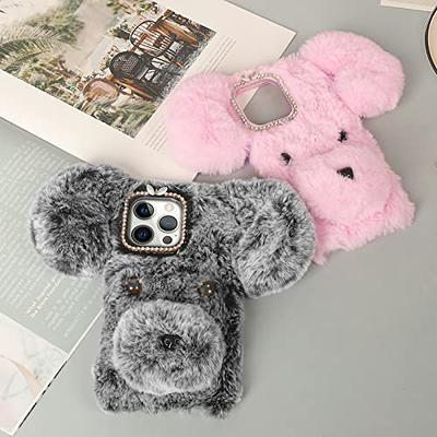 Fluffy Bunny Plush Phone Cover Pink for 11 Pro, Cute Warm Furry Fur Stuff  Animal Rabbit Phone Case for Girls, Fashion Woman Protective Cover for 11
