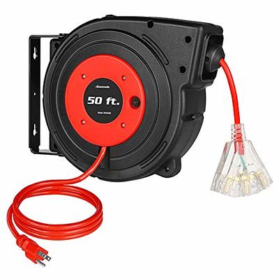 DEWENWILS Retractable Extension Cord Reel, 50FT Power Cord Reel with 14AWG/3C  SJTOW, 13A Circuit Breaker, Wall/Ceiling Mounted, 3-Lighted Triple Outlets  for Garage, Workshop, UL Listed, Red - Yahoo Shopping