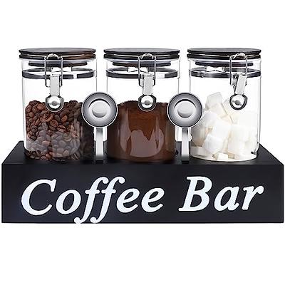 3Pcs Glass Coffee Canister with Shelf Printed Coffee Bar, Sugar Container,  3x53oz Glass Coffee Bean Storage Jars with Airtight Locking Clamp Lids