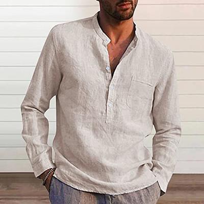 Men's Linen Henley Shirt Long Sleeve Casual Cotton Comfortable Beach T  Shirts _A