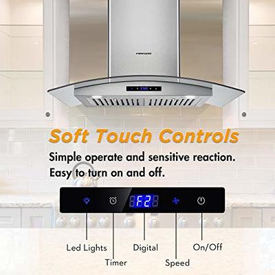 Range Hood 30 inch, FIREGAS Convertible Wall Mount Range Hood with Tempered Glass, 3 Speed Fan, 400CFM, Button Controls, LED Lighting, Permanent