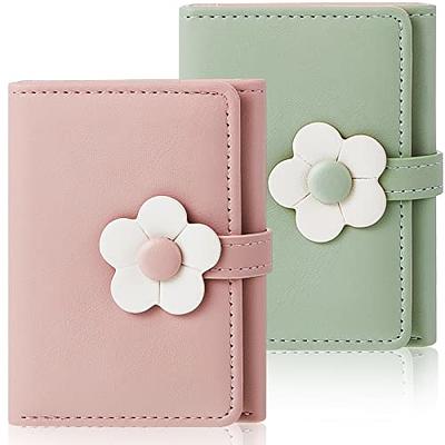 Girls Flower Print Wallet Small Aesthetic Tri-Fold Purse PU Leather Cash  Pocket ID Window Card Holder for Women/2PCS/Pink+Yellow