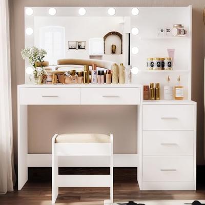 Modern Makeup Vanity Desk Vanity Set with Mirror & Stool Dresser Table with  5 Drawers