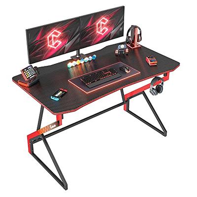 HOMCOM 47 inch Gaming Computer Desk, Home Office Gamer Table Workstation  with Cup Holder, Headphone Hook, Cable Management, Carbon Fiber Surface