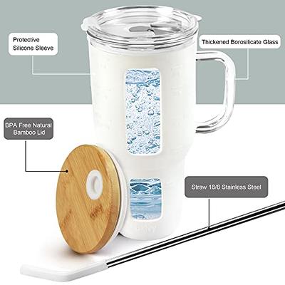 Glass Tumbler With Bamboo Lid And Straw, 32 Oz Iced Coffee Cup With Handle,  Glass Water Bottles With Silicone Sleeve, Two Straw - Boba Straw & Drinkin