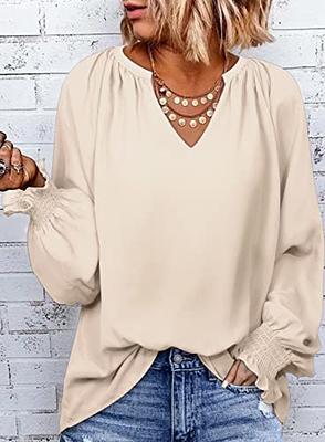 Comfy Flowy Pleated Long Shirt Dressy Long Sleeve Shirts Tunic Tops to Wear  with Leggings Plus Size Tops for Women Henley Solid White L