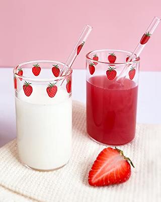 300ml Glass Drinking Cup with Lid and Straw, Cute Strawberry Coffee Water Juice Smoothie Bottle