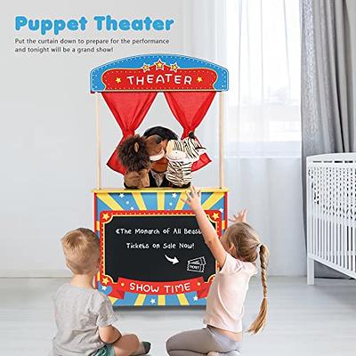 Rundad Wooden Puppet Theater Bonus 2 Hand Puppet, Double-Sided Lemonade  Stand & Puppet Show Theater for Kids, Wood Deluxe Children Puppet Theatre  Toy